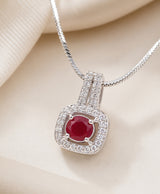 Silver-Tone Ruby Red Cushion Pendant Necklace