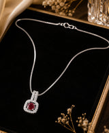 Silver-Tone Ruby Red Cushion Pendant Necklace