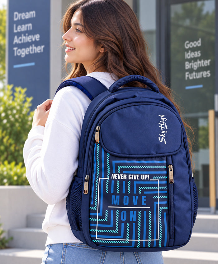 Sky High Never Give Up Navy Blue Multi-Compartment Backpack