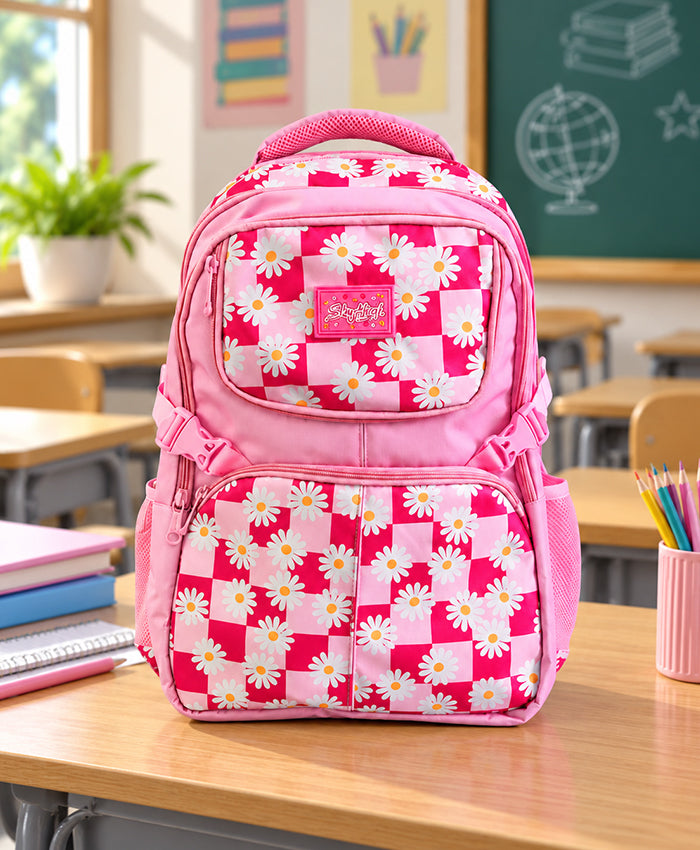 Sky High Pink Daisy Checkered School Backpack
