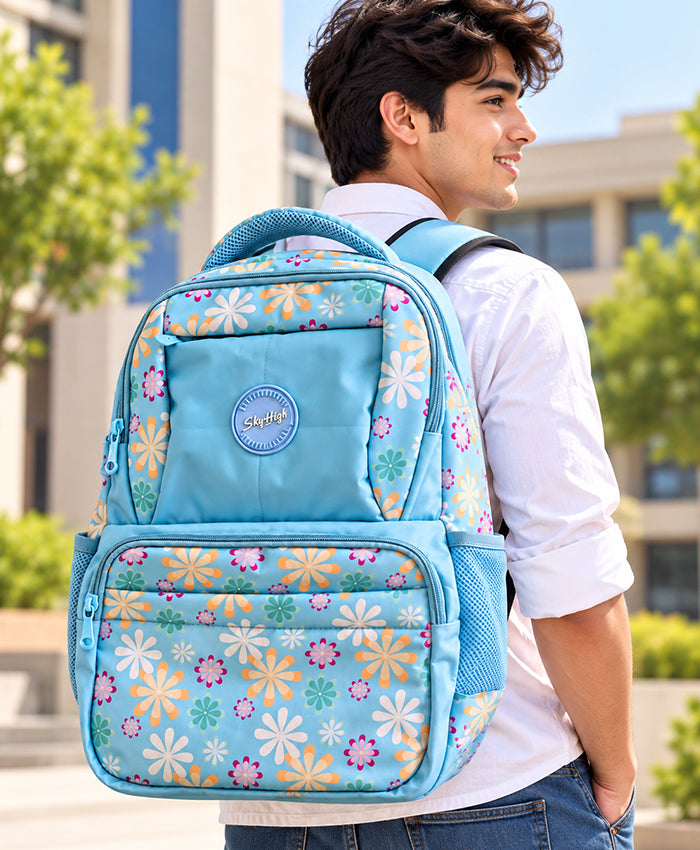 Sky High Sky Blue Floral Printed School Backpack