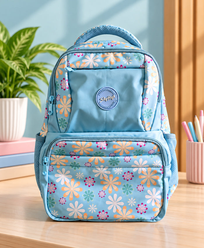 Sky High Sky Blue Floral Printed School Backpack