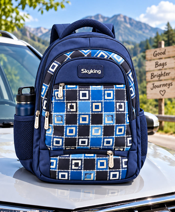 Sky High Skyking Geometric Check Navy Blue School Backpack