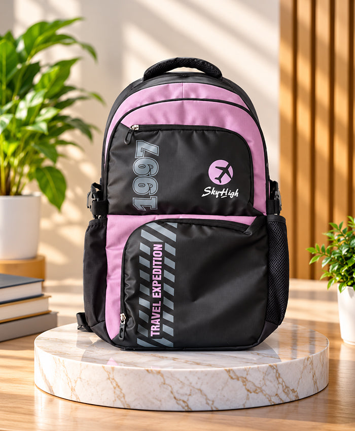 Sky High Travel Expedition Black & Pink Multi-Compartment Backpack