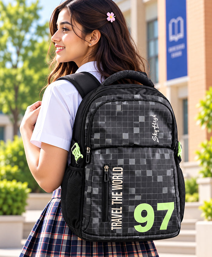 Sky High Travel The World 97 Black Checkered School Backpack