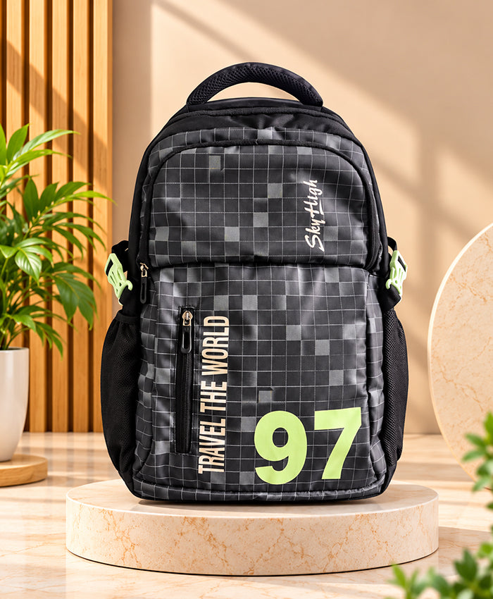 Sky High Travel The World 97 Black Checkered School Backpack