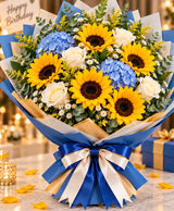 Sunflower & Blue Accent Bouquet – 6 Sunflowers + 6 Flowers