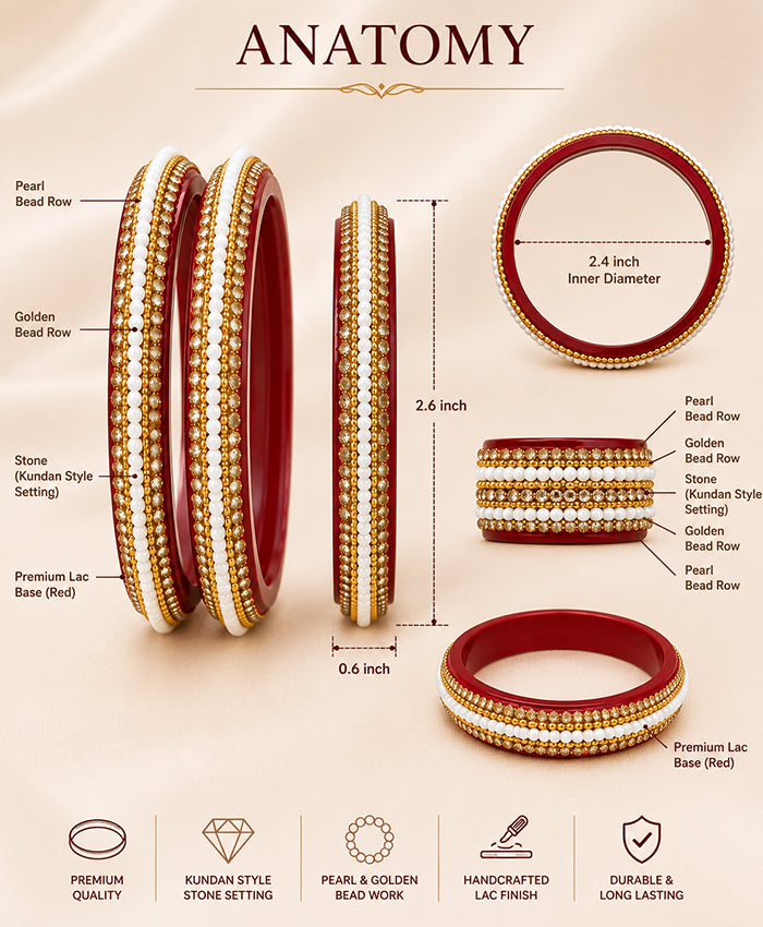 Traditional Red Pearl & Gold Kundan-Style Lac Bangles