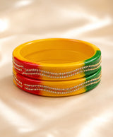 Tricolor Red Yellow Green Crystal-Embellished Designer Lac Bangle Set