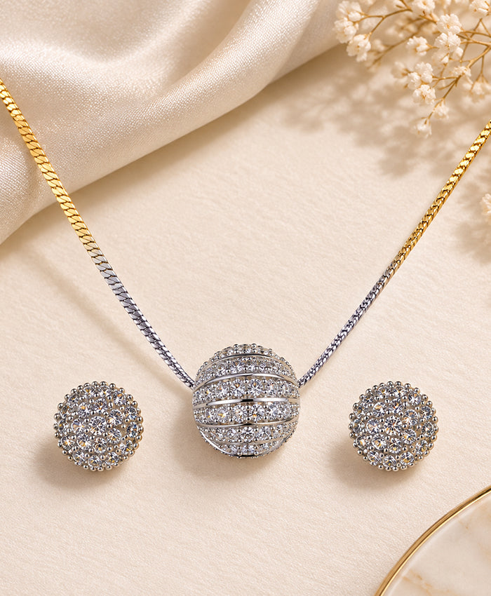 Two-Tone Pavé Ball Pendant Necklace & Stud Earrings Set – Elegant Fashion Jewellery