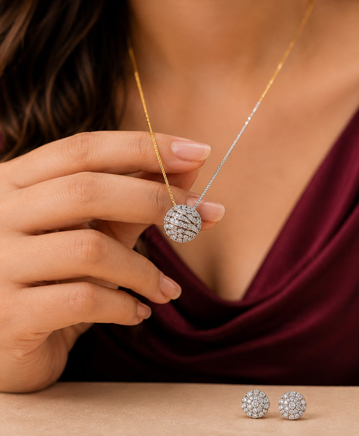 Two-Tone Pavé Ball Pendant Necklace & Stud Earrings Set – Elegant Fashion Jewellery