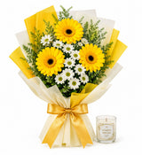 Yellow & White Flower Bouquet with Jasmine Mogra Candle