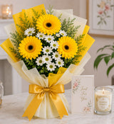 Yellow & White Flower Bouquet with Jasmine Mogra Candle