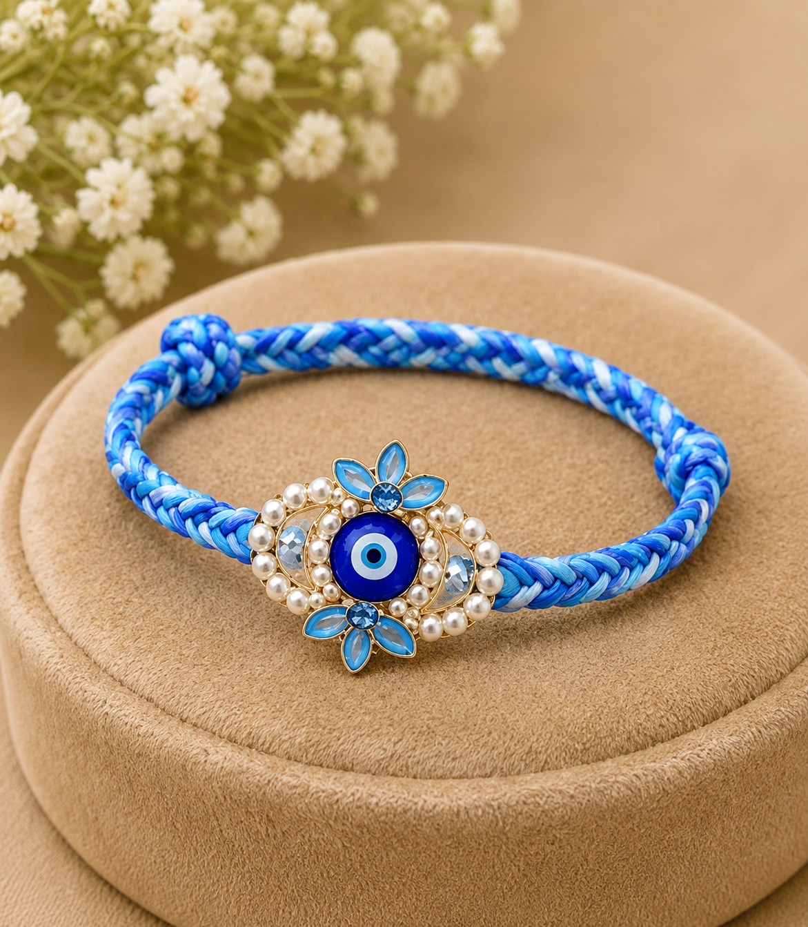 Blue Evil Eye Designer Rakhi with Pearl Accents