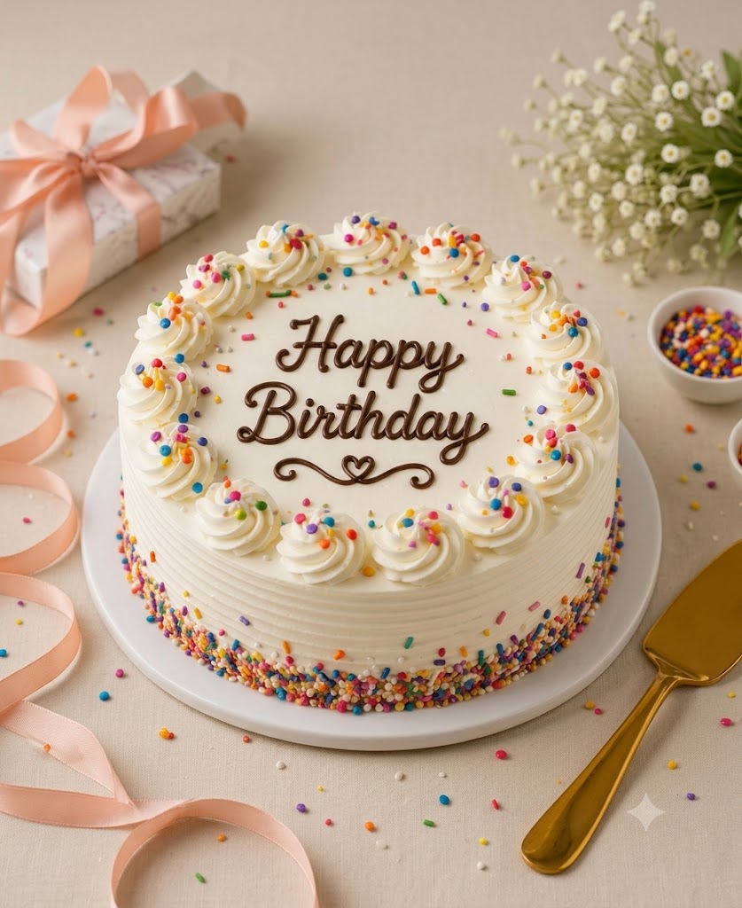 Classic Happy Birthday Vanilla Cream Cake