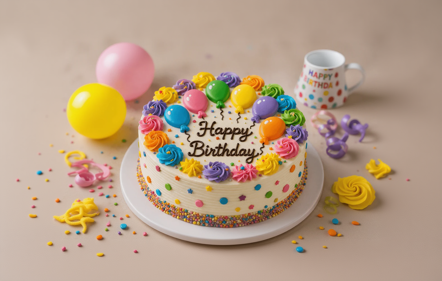 Colorful Balloon Vanilla Birthday Cake