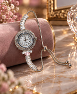 Crystal Charm Bracelet Watch – Elegant Silver-Tone Quartz Hand Watch