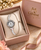 Crystal Charm Bracelet Watch – Elegant Silver-Tone Quartz Hand Watch