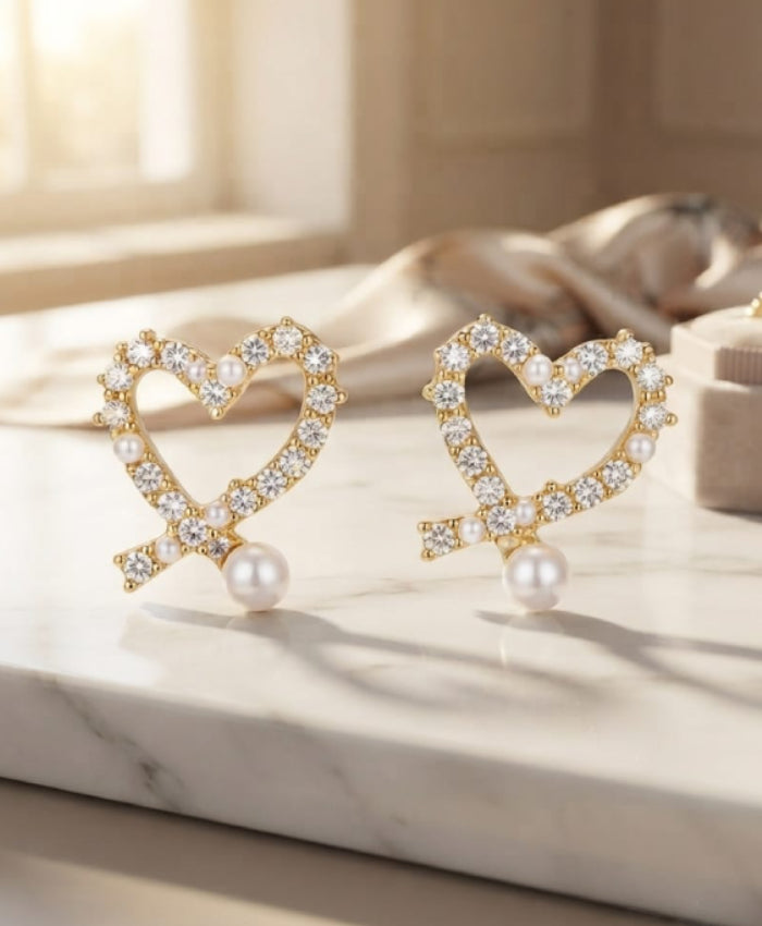 Crystal Heart Pearl Bow Earrings