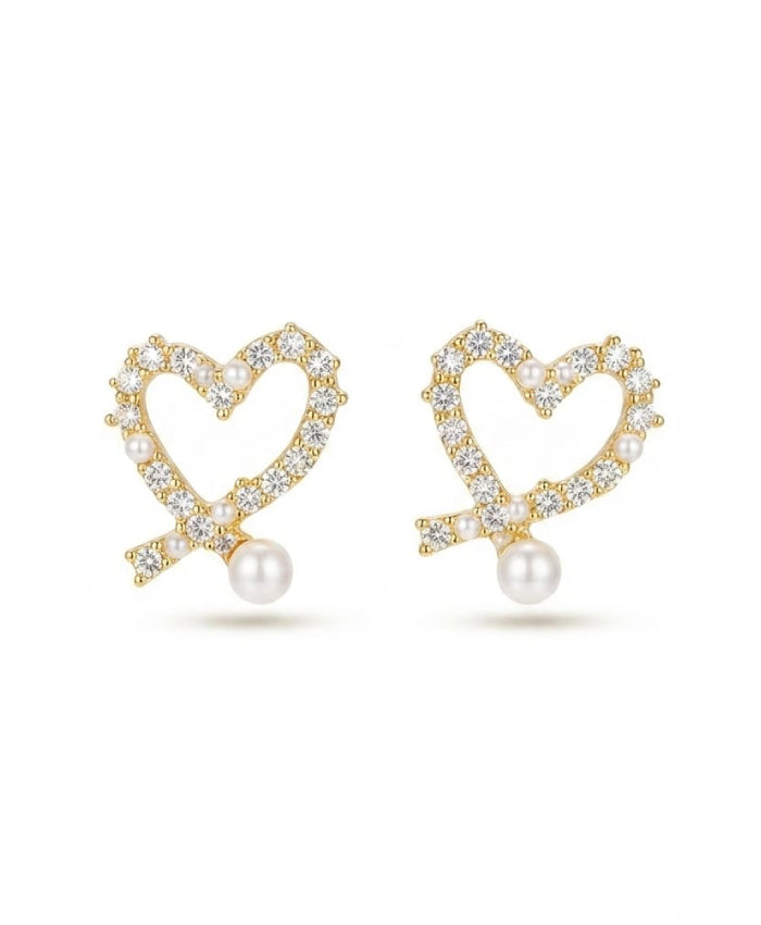 Crystal Heart Pearl Bow Earrings