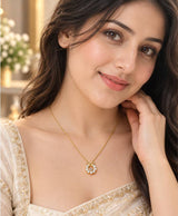 Elegant Gold Bow & Crystal Circle Pendant Necklace