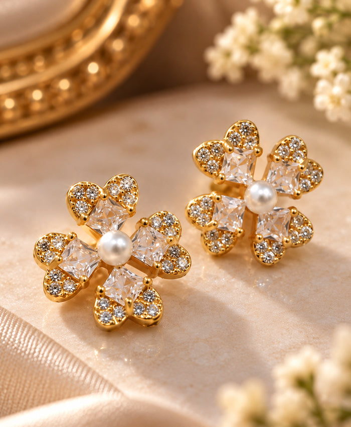 Elegant Gold-Tone Crystal & Pearl Flower Stud Earrings for Women
