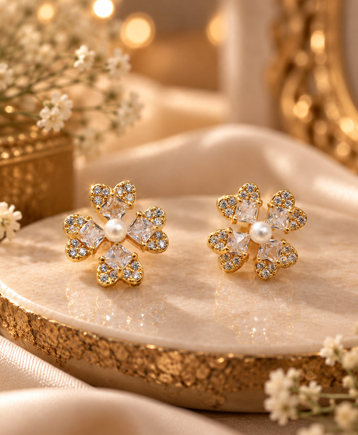 Elegant Gold-Tone Crystal & Pearl Flower Stud Earrings for Women