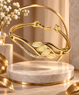 Elegant Gold-Tone Leaf Crystal Bracelet for Women – Statement Bangle