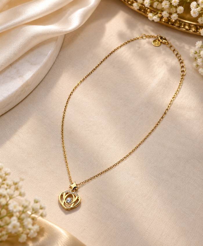 Elegant Golden Heart & Star Crystal Pendant Necklace