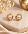 Elegant Pearl Halo Stud Earrings – Gold-Tone Sparkling Pearl Earrings for Women
