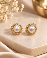 Elegant Pearl Halo Stud Earrings – Gold-Tone Sparkling Pearl Earrings for Women
