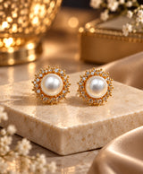 Elegant Pearl Halo Stud Earrings – Gold-Tone Sparkling Pearl Earrings for Women