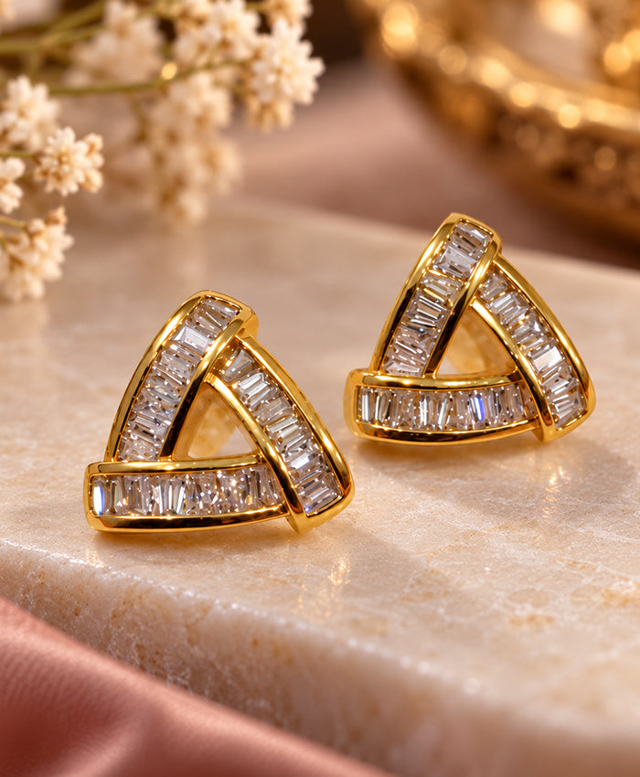 Elegant Triangular Baguette-Stone Gold-Tone Stud Earrings