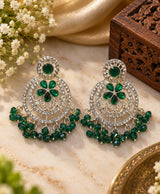 Emerald Floral Chandelier Earrings – Crystal Studded Green Bead Drop Earrings