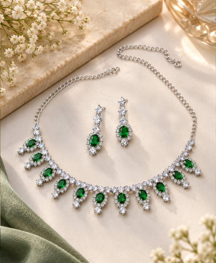 Emerald Green Crystal Drop Necklace & Earrings Set