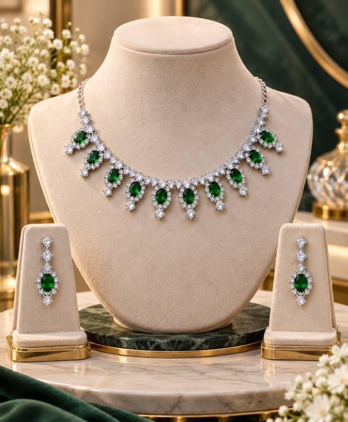 Emerald Green Crystal Drop Necklace & Earrings Set