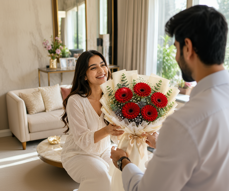 Crimson Red Gerbera Bouquet (5 Red Gerberas)