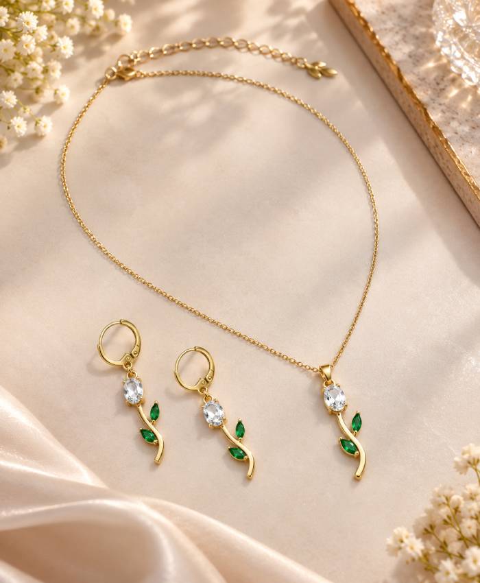Elegant Gold-Tone Green Leaf & Crystal Necklace Set with Matching Drop Earrings