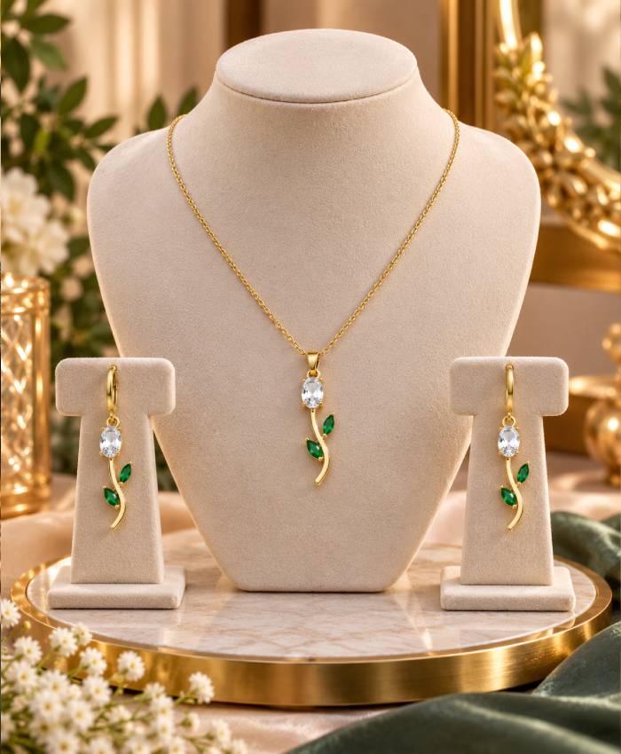 Elegant Gold-Tone Green Leaf & Crystal Necklace Set with Matching Drop Earrings