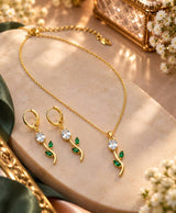 Elegant Gold-Tone Green Leaf & Crystal Necklace Set with Matching Drop Earrings