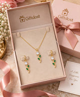 Elegant Gold-Tone Green Leaf & Crystal Necklace Set with Matching Drop Earrings
