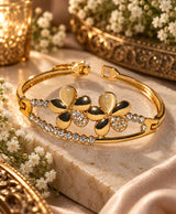Golden Floral Crystal Cuff Bracelet – Elegant Gold-Tone Flower & Rhinestone Bangle