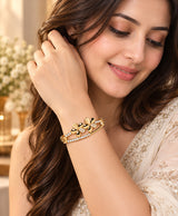 Golden Floral Crystal Cuff Bracelet – Elegant Gold-Tone Flower & Rhinestone Bangle