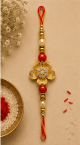 Golden Floral Designer Rakhi with Pearl & Red Beads