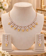 Golden Glow Crystal Leaf Necklace Set with Matching Drop Earrings