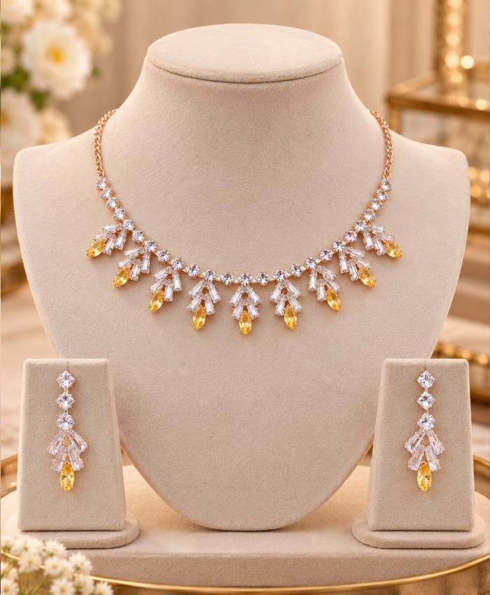 Golden Glow Crystal Leaf Necklace Set with Matching Drop Earrings