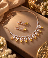 Golden Glow Crystal Leaf Necklace Set with Matching Drop Earrings