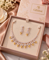 Golden Glow Crystal Leaf Necklace Set with Matching Drop Earrings