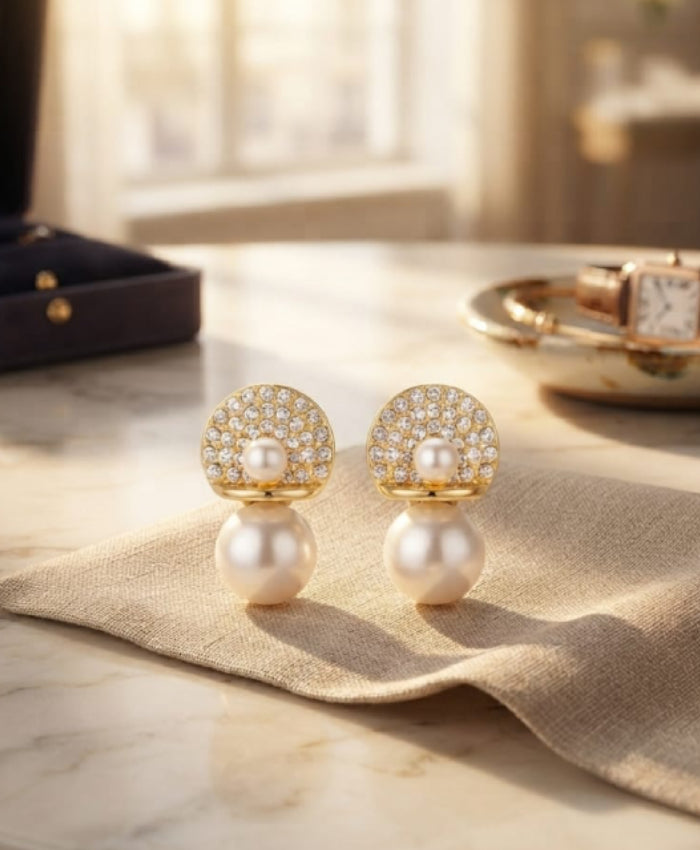 Golden Pearl Crystal Dome Stud Earrings