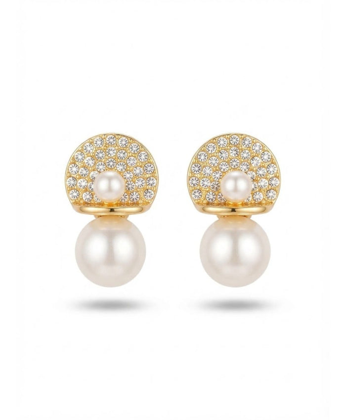 Golden Pearl Crystal Dome Stud Earrings
